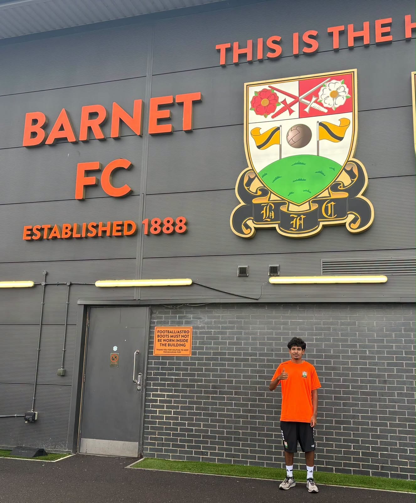 Erik Sedillo outside Barnet FC during his assessment in England